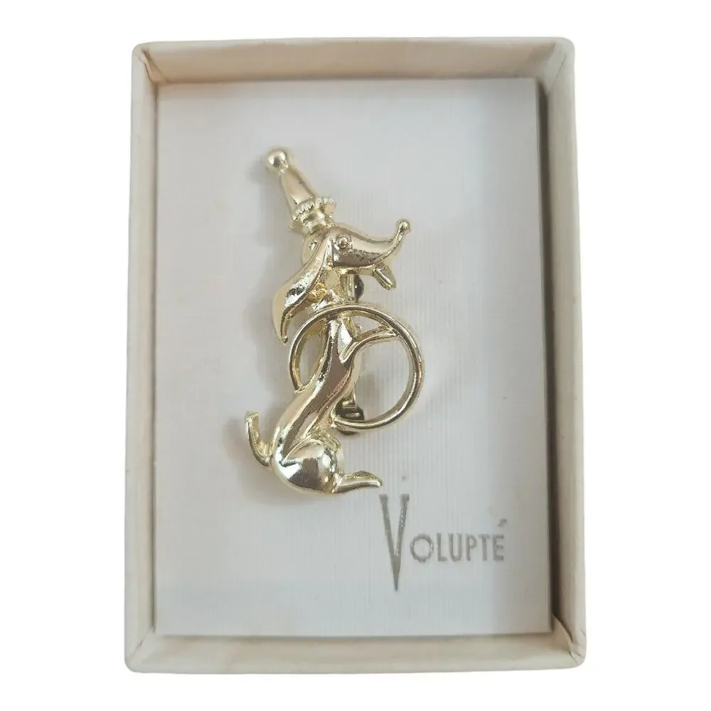 Volupte Circus Dog 1960's vintage gold tone pin 2in.‎ brooch with box